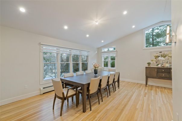 Dining room, Interior, Recessed Lighting, Wood Texture Flooring