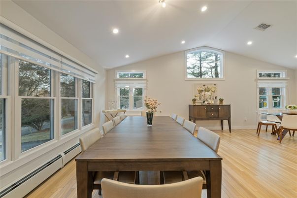 Dining room, Interior, Recessed Lighting, Wood Texture Flooring