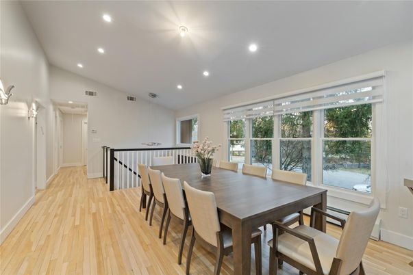 Dining room, Interior, Recessed Lighting, Wood Texture Flooring