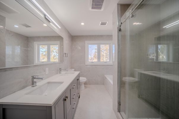 Bathroom, Dual Sink Vanities, Glass Shower, Interior, Recessed Lighting