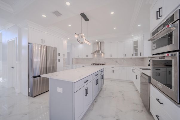 Interior, Kitchen, Marble, Pendant Lights, Recessed Lighting, Stainless Steel Appliances