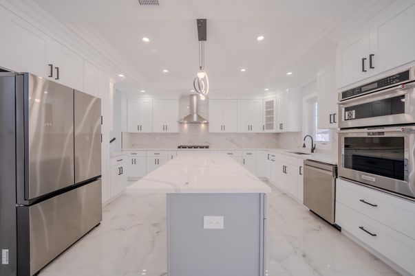 Interior, Kitchen, Marble, Pendant Lights, Recessed Lighting, Stainless Steel Appliances