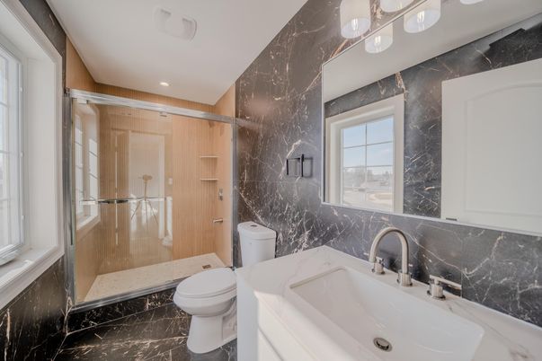 Bathroom, Glass Shower, Interior, Marble, Marble Walls, Recessed Lighting