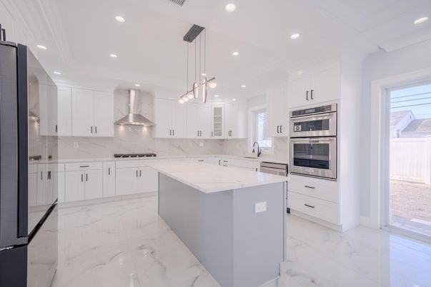 Interior, Kitchen, Marble, Pendant Lights, Recessed Lighting, Stainless Steel Appliances