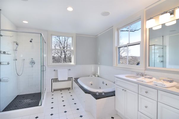 Bathroom, Dual Sink Vanities, Glass Shower, Interior, Recessed Lighting