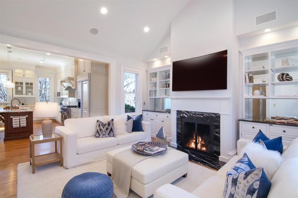 Fireplace, Interior, Kitchen, Living room, Pendant Lights, Recessed Lighting, Stainless Steel Appliances, Wood Texture Flooring