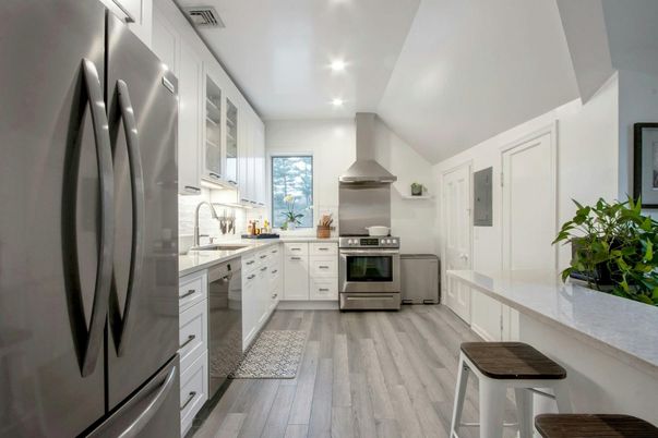 Interior, Kitchen, Recessed Lighting, Stainless Steel Appliances, Wood Texture Flooring