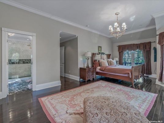 Bedroom, Chandelier, Interior, Wood Texture Flooring
