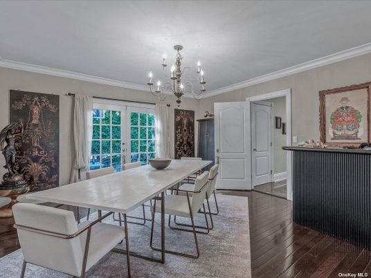 Chandelier, Dining room, Interior, Wood Texture Flooring