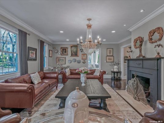 Chandelier, Dining room, Fireplace, Interior, Living room, Recessed Lighting, Wood Texture Flooring