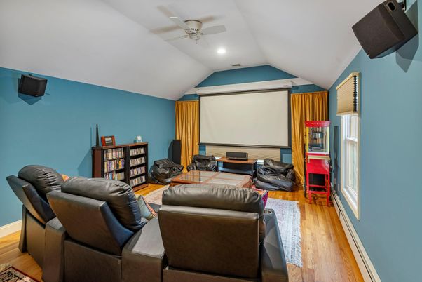 Interior, Projection Screen, Recessed Lighting, Theatre Room, Wood Texture Flooring