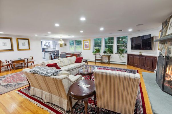 Chandelier, Dining room, Fireplace, Interior, Living room, Recessed Lighting, Wood Texture Flooring