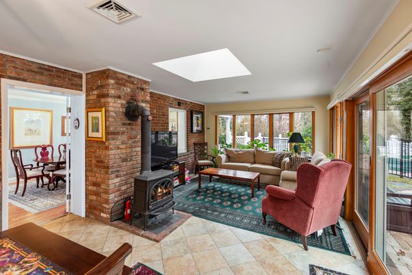 Dining room, Fireplace, Interior, Living room, Stone Walls