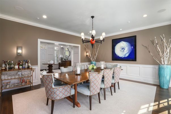Chandelier, Dining room, Interior, Recessed Lighting, Wood Texture Flooring