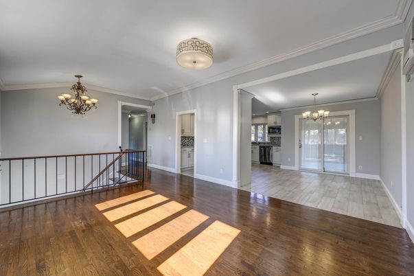 Chandelier, Empty room, Interior, Kitchen, Wood Texture Flooring