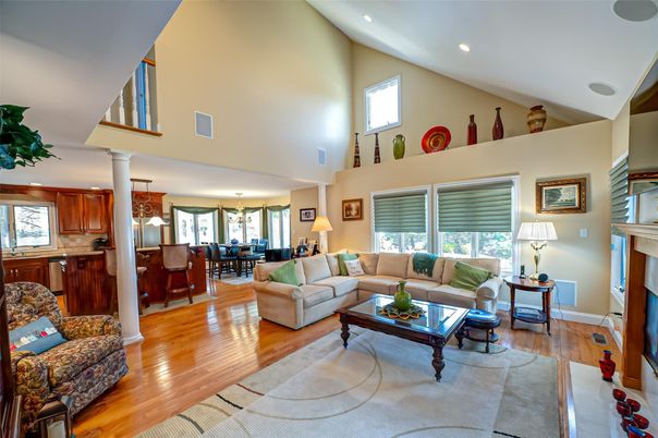 Dining room, Fireplace, Interior, Kitchen, Living room, Pendant Lights, Recessed Lighting, Wood Texture Flooring