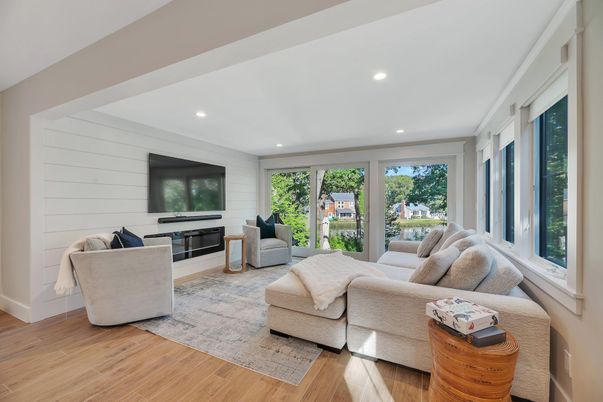 Fireplace, Interior, Living room, Recessed Lighting, Wood Texture Flooring