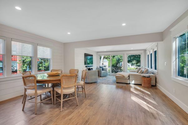Dining room, Interior, Living room, Recessed Lighting, Wood Texture Flooring