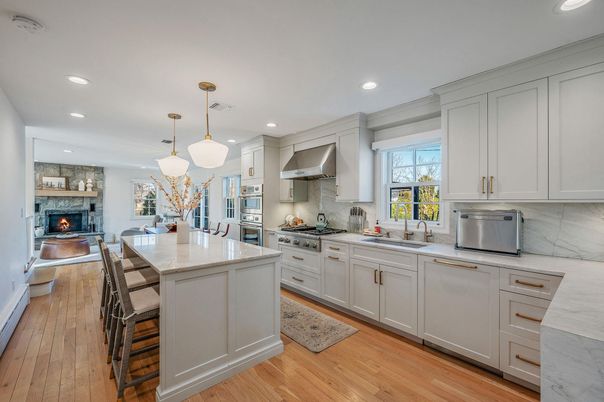 Dining room, Fireplace, Interior, Kitchen, Pendant Lights, Recessed Lighting, Stainless Steel Appliances, Wood Texture Flooring