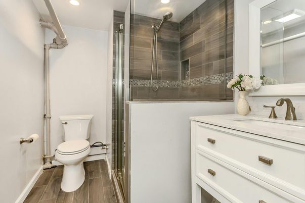 Bathroom, Glass Shower, Interior, Recessed Lighting, Wood Texture Flooring