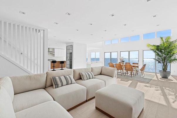 Dining room, Interior, Kitchen, Living room, Recessed Lighting, Water, Wood Texture Flooring