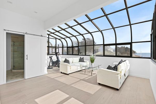 Glass Ceilings, Interior, Living room, Sun Room, Water, Wood Texture Flooring