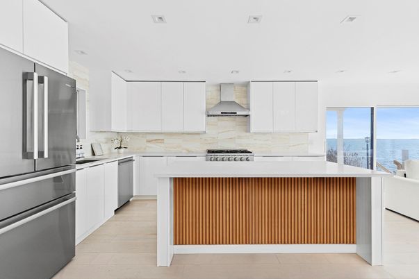 Interior, Kitchen, Recessed Lighting, Stainless Steel Appliances, Water, Wood Texture Flooring