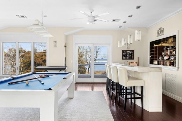 Billiard Table, Game Room, Interior, Pendant Lights, Recessed Lighting, Water, Wood Texture Flooring