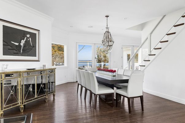 Dining room, Interior, Pendant Lights, Recessed Lighting, Wood Texture Flooring