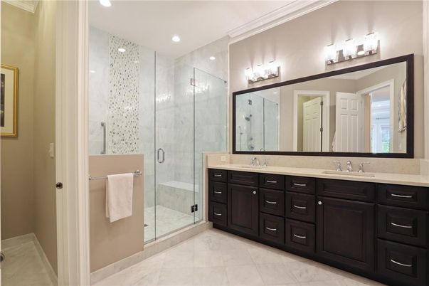 Bathroom, Dual Sink Vanities, Glass Shower, Interior, Recessed Lighting