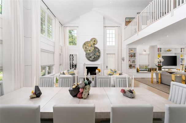Dining room, Fireplace, Interior, Living room, Recessed Lighting