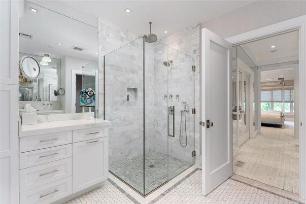 Bathroom, Dual Sink Vanities, Glass Shower, Interior, Marble Walls, Recessed Lighting
