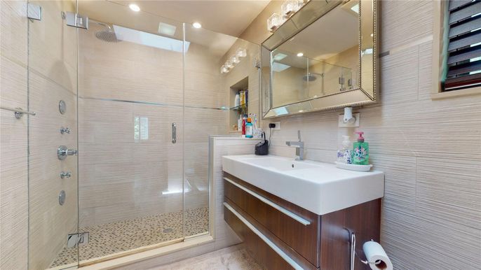 Bathroom, Glass Shower, Interior, Recessed Lighting
