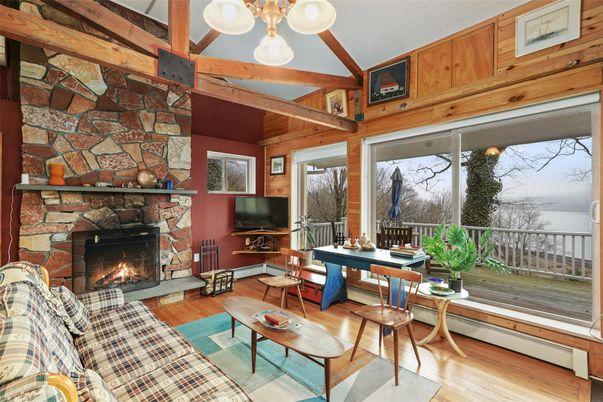Fireplace, Home Office, Interior, Living room, Stone Walls, Wooden Beams, Wood Texture Flooring