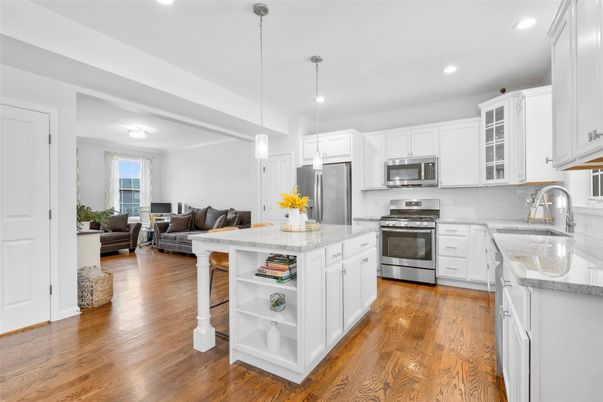 Interior, Kitchen, Living room, Pendant Lights, Recessed Lighting, Stainless Steel Appliances, Wood Texture Flooring