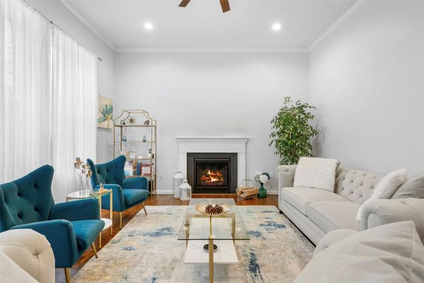 Fireplace, Interior, Living room, Recessed Lighting, Wood Texture Flooring