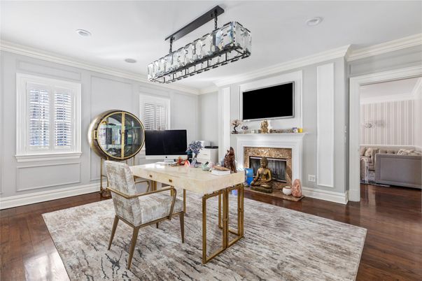 Fireplace, Home Office, Interior, Pendant Lights, Recessed Lighting, Wood Texture Flooring