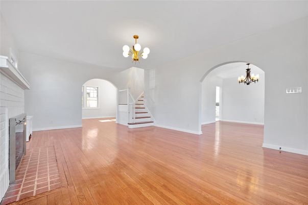 Chandelier, Empty room, Fireplace, Interior, Wood Texture Flooring