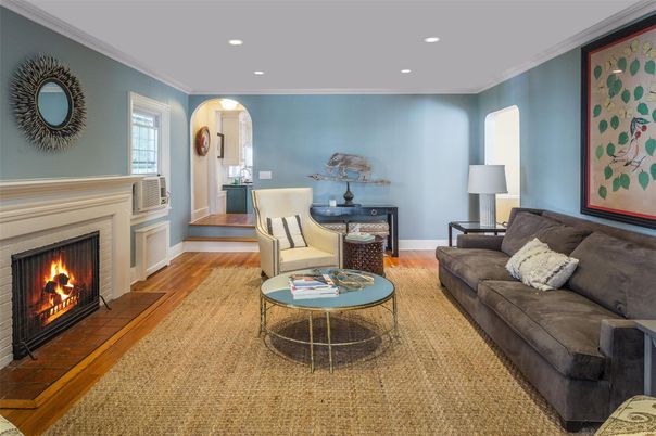 Fireplace, Interior, Living room, Recessed Lighting, Wood Texture Flooring