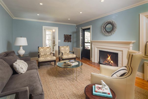 Fireplace, Interior, Living room, Recessed Lighting, Wood Texture Flooring