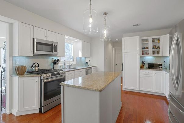 Interior, Kitchen, Pendant Lights, Recessed Lighting, Stainless Steel Appliances, Wood Texture Flooring