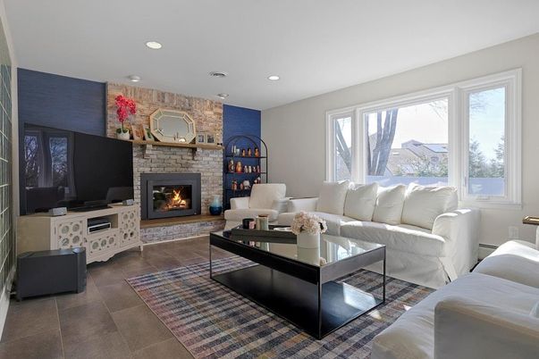Fireplace, Interior, Living room, Recessed Lighting, Stone Walls