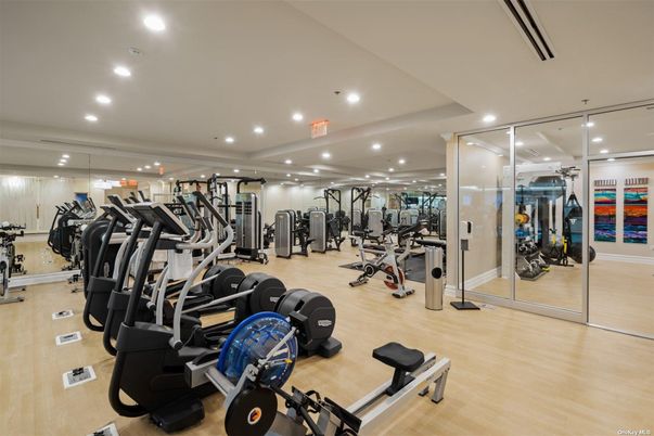 Fitness Equipment, Gym, Interior, Recessed Lighting, Wood Texture Flooring
