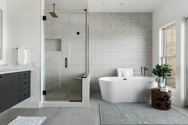 Bathroom, Free Standing Baths, Glass Shower, Interior, Recessed Lighting
