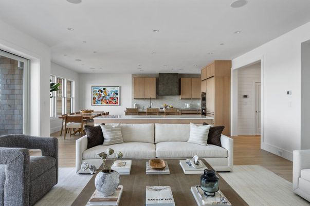 Dining room, Interior, Kitchen, Living room, Recessed Lighting, Wood Texture Flooring