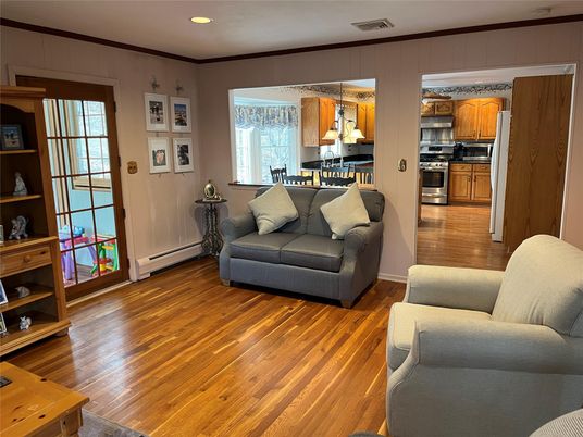 Dining room, Interior, Kitchen, Living room, Pendant Lights, Recessed Lighting, Stainless Steel Appliances, Wood Texture Flooring
