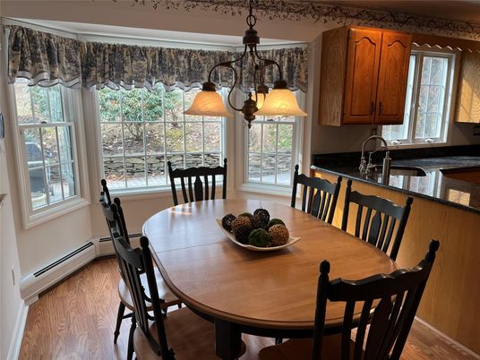 Dining room, Interior, Pendant Lights, Wood Texture Flooring