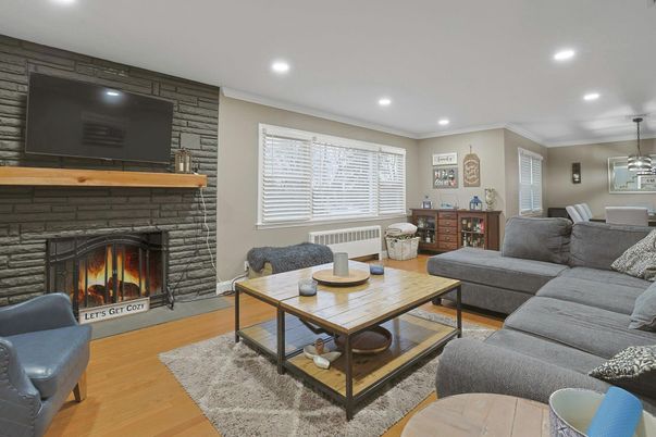 Dining room, Fireplace, Interior, Living room, Pendant Lights, Recessed Lighting, Stone Walls, Wood Texture Flooring