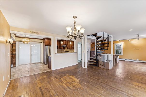 Chandelier, Interior, Kitchen, Recessed Lighting, Stainless Steel Appliances, Wood Texture Flooring