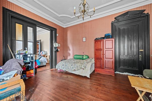 Bedroom, Chandelier, Interior, Wood Texture Flooring